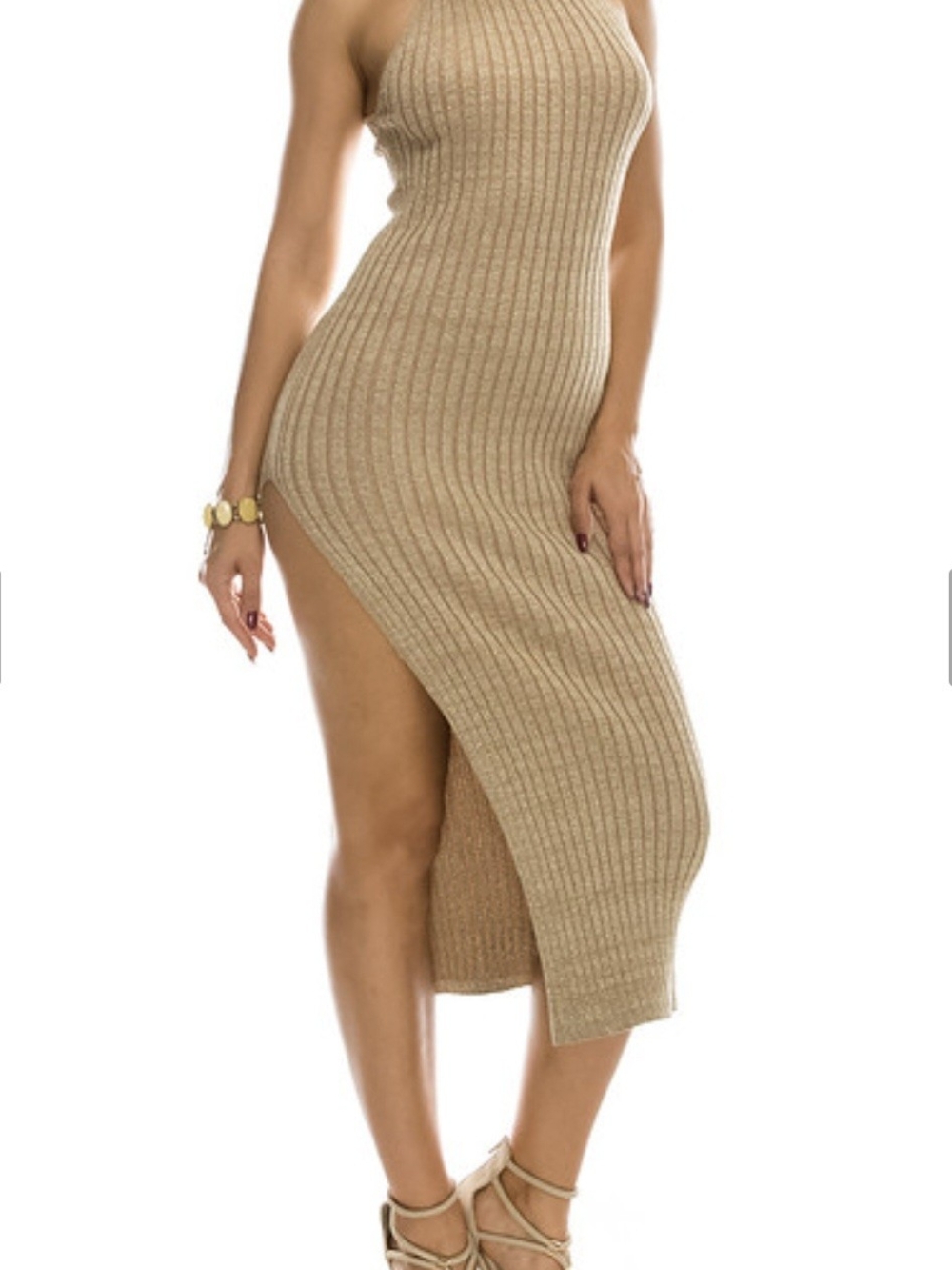 Windsor Beige Ribbed Halter High-Slit Midi Dress